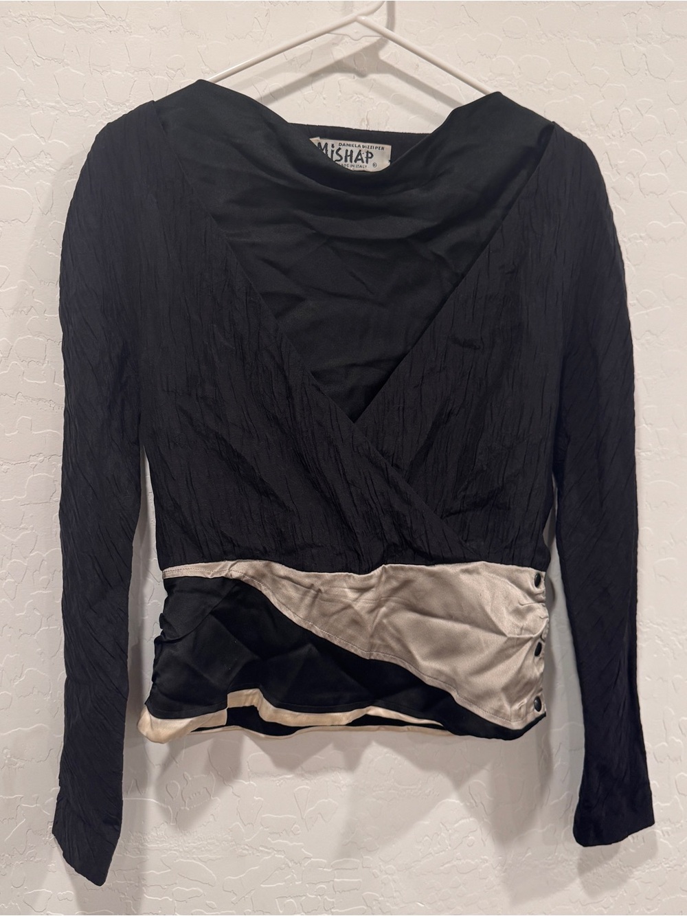 Vintage Silk Black Wrap Blouse Cream Satin Ruffle Panels Avant Garde Art to Wear
